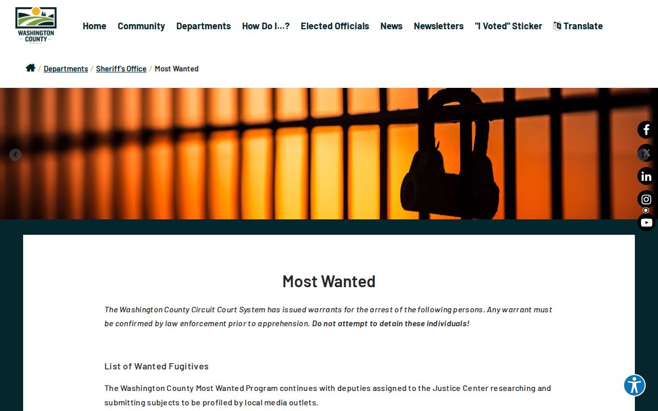 Washington County arrest lookup official Most Wanted page