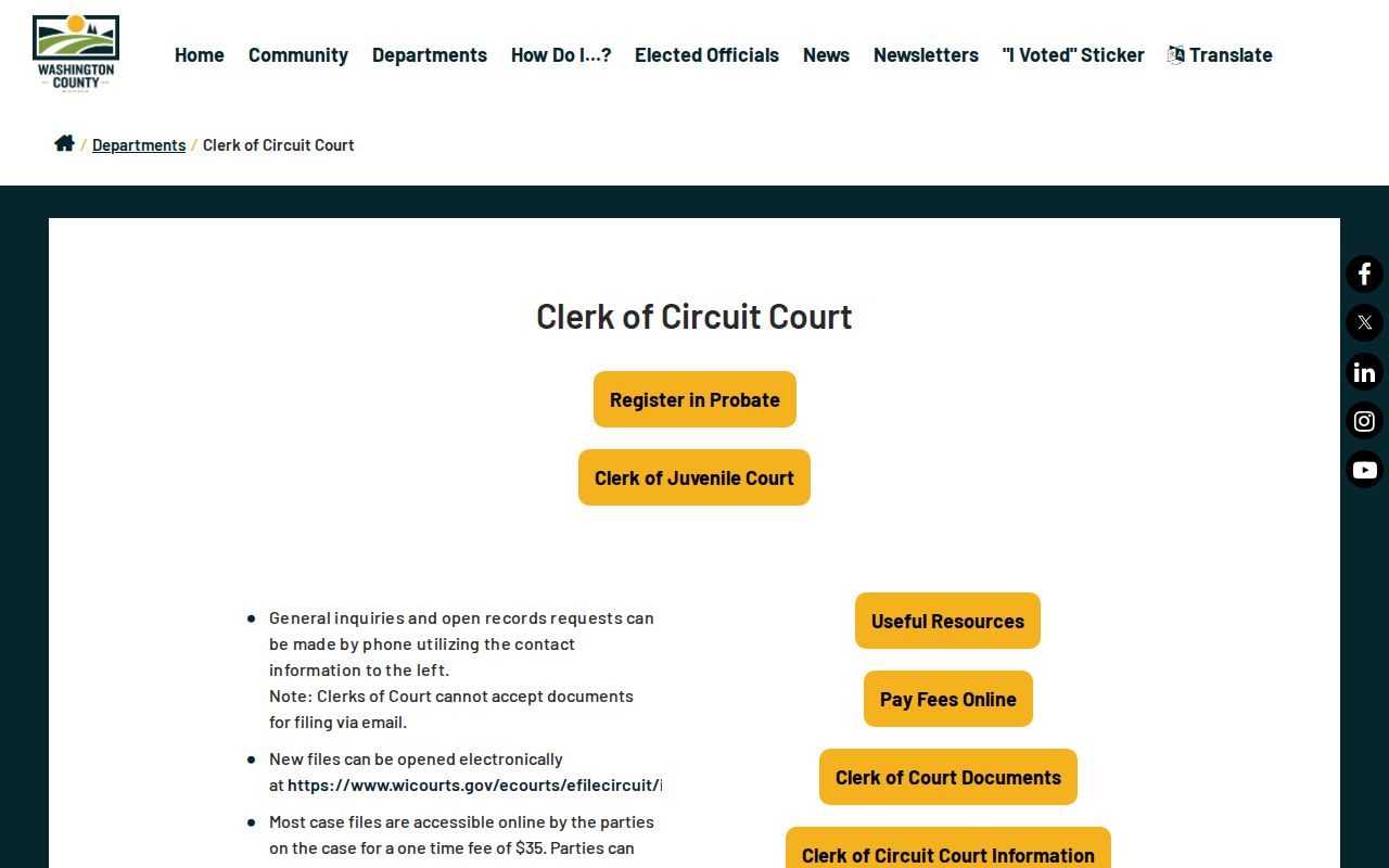 Washington County criminal court cases clerk services page