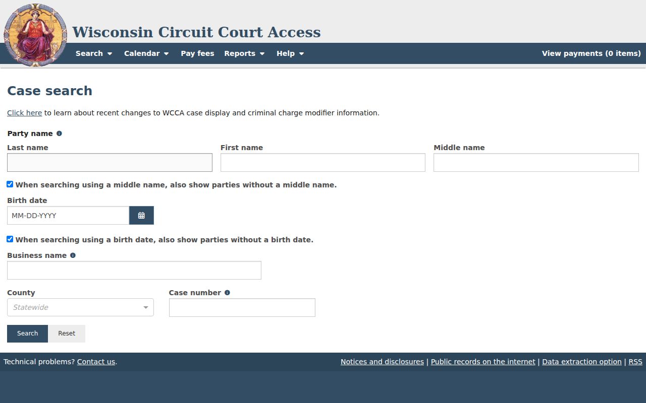 Washington County criminal court cases WCCA search screen